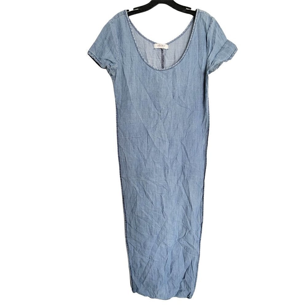 Vibrant Blue Light Wash Chambray Short Sleeve Linen Tunic Longline Top Sz Small